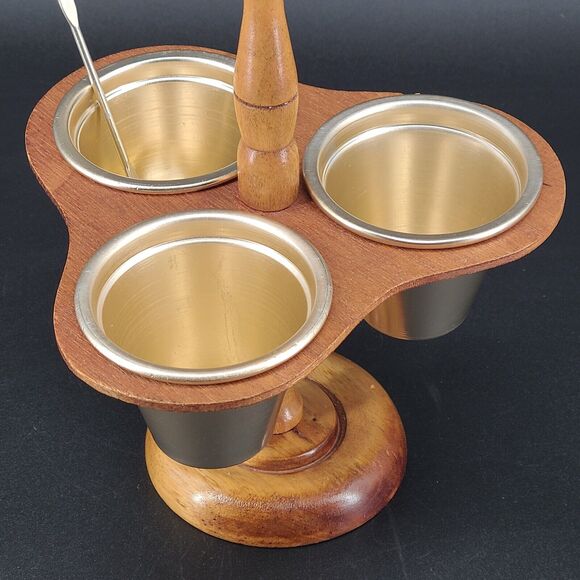 Vintage Wood Condiment Server Caddy Three Cups Spoon Made In Japan - Picture 3 of 9